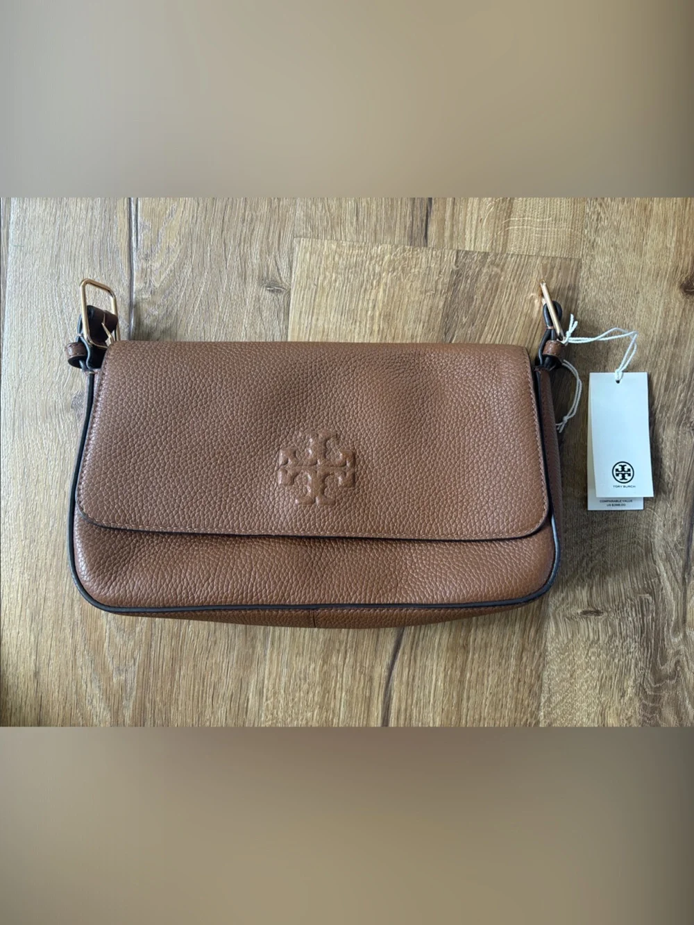 Tory Burch Cognac Pebbled Leather Messenger Crossbody
